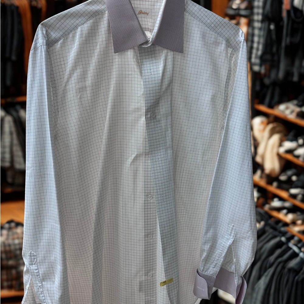Brioni White and Gray Checkered Dress Shirt